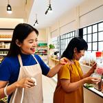 **Refill Shop Scene:** A bright, modern refill shop bustling with activity in a vibrant Southeast Asian city. Customers happily fill their personal reusable containers—glass jars, cloth bags, and bottles—from sleek bulk dispensers offering a wide array of products like spices, shampoos, and cleaning liquids. The atmosphere is welcoming and convenient, emphasizing a sustainable lifestyle. Soft, natural light streams in, highlighting diverse individuals engaged in eco-friendly shopping.