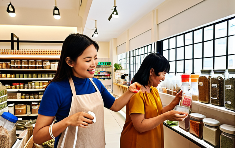 **Refill Shop Scene:** A bright, modern refill shop bustling with activity in a vibrant Southeast Asian city. Customers happily fill their personal reusable containers—glass jars, cloth bags, and bottles—from sleek bulk dispensers offering a wide array of products like spices, shampoos, and cleaning liquids. The atmosphere is welcoming and convenient, emphasizing a sustainable lifestyle. Soft, natural light streams in, highlighting diverse individuals engaged in eco-friendly shopping.