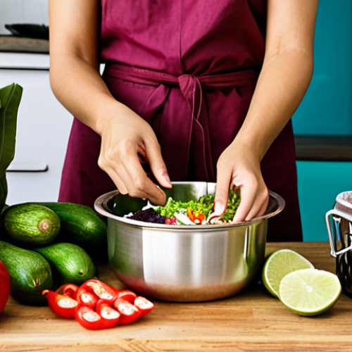 **Image Prompt:** A vibrant Thai kitchen scene. Focus on reusable containers like tiffin carriers (pinto), cloth bags filled with fresh produce, and a compost bin overflowing with fruit and vegetable scraps. A person is smiling while preparing a meal, emphasizing a joyful and sustainable lifestyle. Add traditional Thai elements like a mortar and pestle, and local fruits and vegetables.