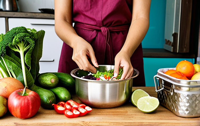 **Image Prompt:** A vibrant Thai kitchen scene. Focus on reusable containers like tiffin carriers (pinto), cloth bags filled with fresh produce, and a compost bin overflowing with fruit and vegetable scraps. A person is smiling while preparing a meal, emphasizing a joyful and sustainable lifestyle. Add traditional Thai elements like a mortar and pestle, and local fruits and vegetables.