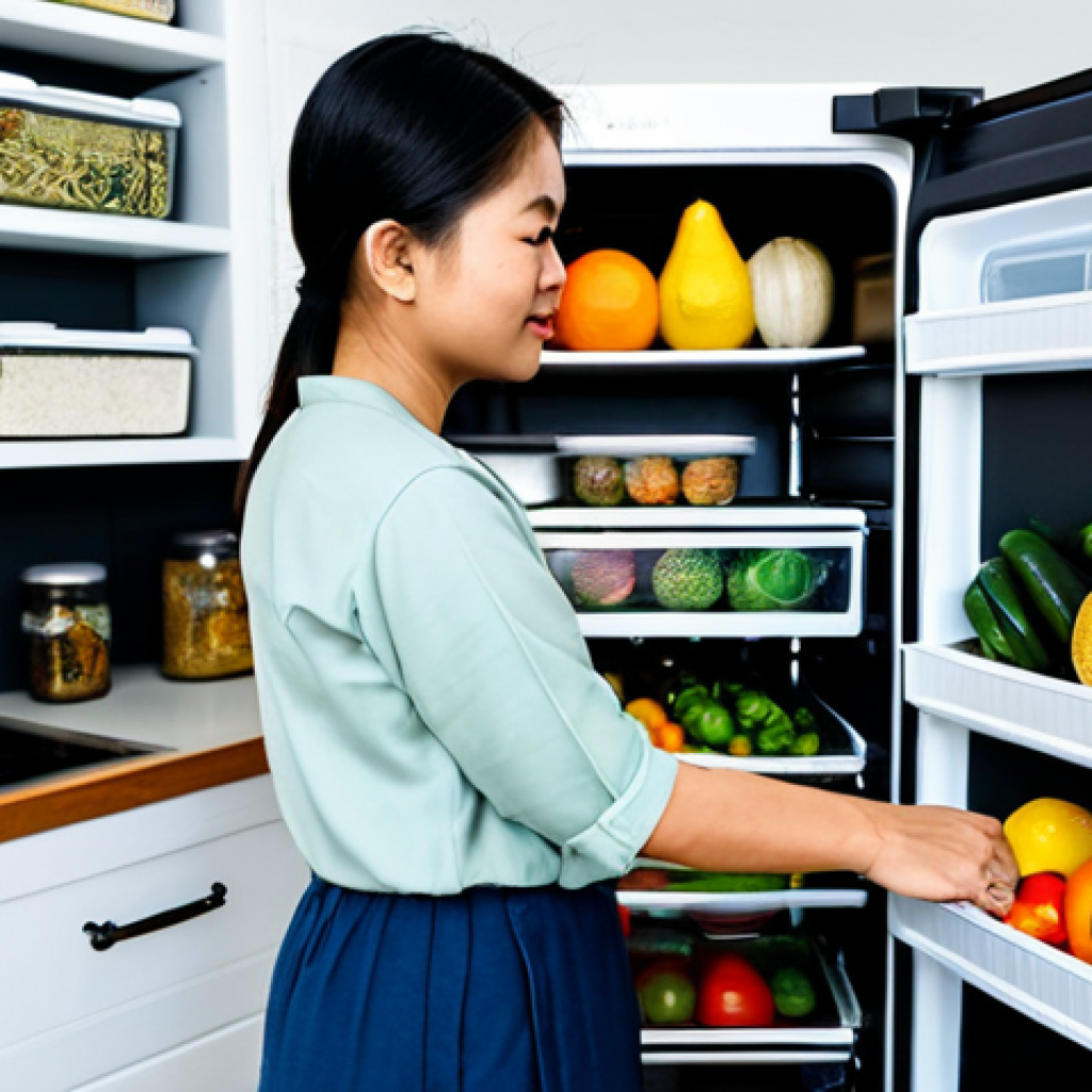 Zero Waste Kitchen**
A Thai woman in her kitchen, organizing her refrigerator with reusable containers filled with colorful Thai fruits and vegetables. Shelves are neatly arranged with labels. She is wearing modest, comfortable clothing. The kitchen has traditional Thai elements with modern appliances. Safe for work, appropriate content, fully clothed, perfect anatomy, natural proportions, professional photography, high quality, family-friendly.
**