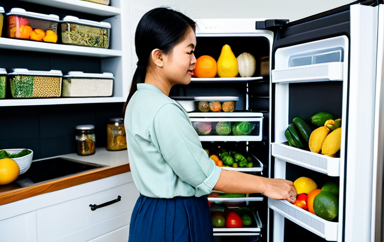 Zero Waste Kitchen**

A Thai woman in her kitchen, organizing her refrigerator with reusable containers filled with colorful Thai fruits and vegetables. Shelves are neatly arranged with labels. She is wearing modest, comfortable clothing. The kitchen has traditional Thai elements with modern appliances. Safe for work, appropriate content, fully clothed, perfect anatomy, natural proportions, professional photography, high quality, family-friendly.

**