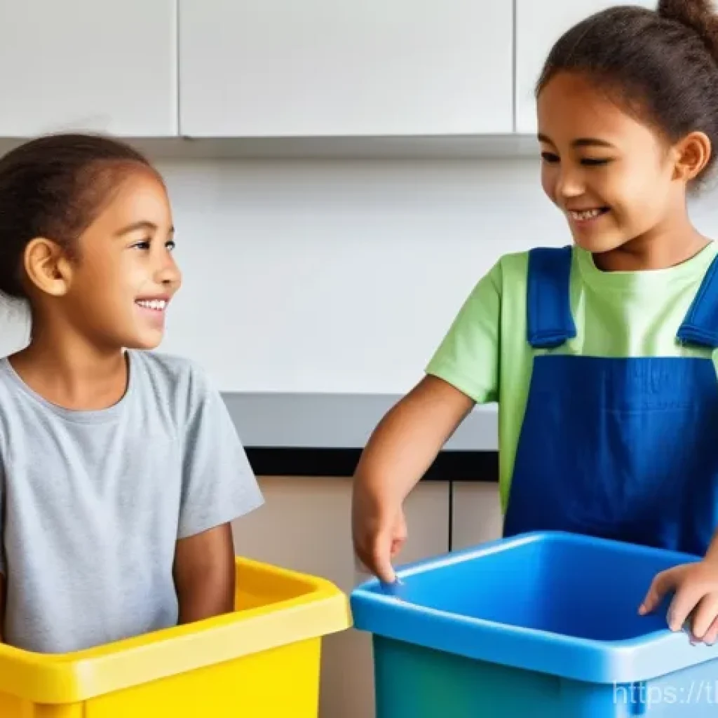 제로웨이스트 가정에서의 어린이 교육 방법 - **Prompt:** A cheerful young child, around 6-8 years old, actively engaged in sorting household wast...