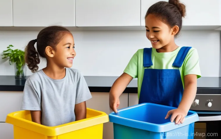 제로웨이스트 가정에서의 어린이 교육 방법 - **Prompt:** A cheerful young child, around 6-8 years old, actively engaged in sorting household wast...