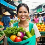 Home 20 제로웨이스트를 위한 일상의 작은 변화 시작하기 - A vibrant Bangkok market scene featuring a smiling Thai woman carrying colorful reusable cloth bags ...