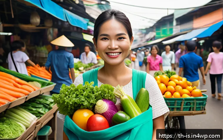 제로웨이스트를 위한 일상의 작은 변화 시작하기 - A vibrant Bangkok market scene featuring a smiling Thai woman carrying colorful reusable cloth bags ...