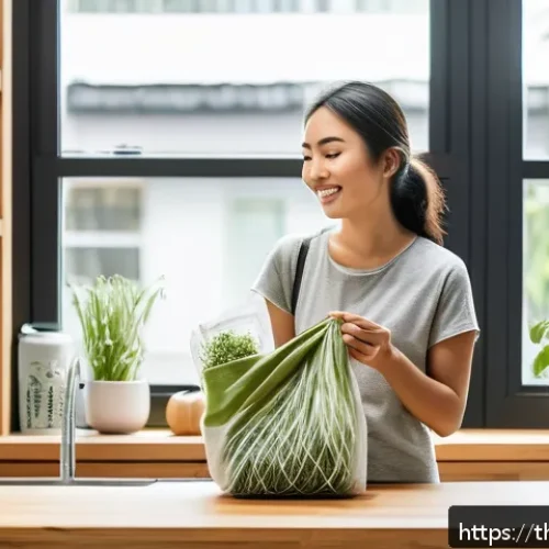 Home 31 제로웨이스트 생활의 의미와 가치 - A cozy urban kitchen scene showing a young adult woman carefully planning her grocery shopping with ...