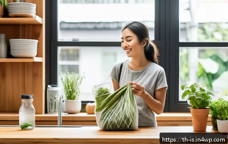 제로웨이스트 생활의 의미와 가치 - A cozy urban kitchen scene showing a young adult woman carefully planning her grocery shopping with ...