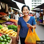 Home 23 제로웨이스트와 나의 지구를 위한 실천 - A vibrant Thai local market scene where a middle-aged Thai woman carries colorful reusable cloth bag...