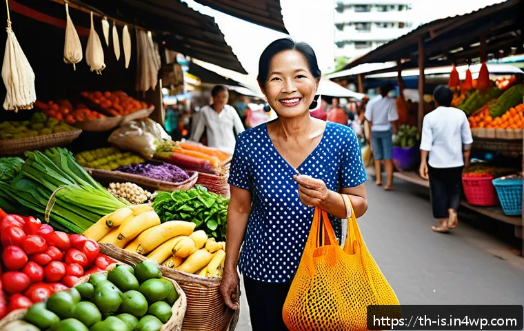 제로웨이스트와 나의 지구를 위한 실천 - A vibrant Thai local market scene where a middle-aged Thai woman carries colorful reusable cloth bag...