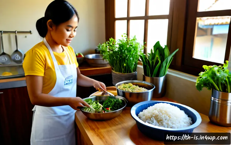 Home 17 제로웨이스트에서의 대안적 식습관 탐색하기 - Photorealistic Thai home kitchen scene, a young Thai woman preparing a colorful plant-based meal wit...